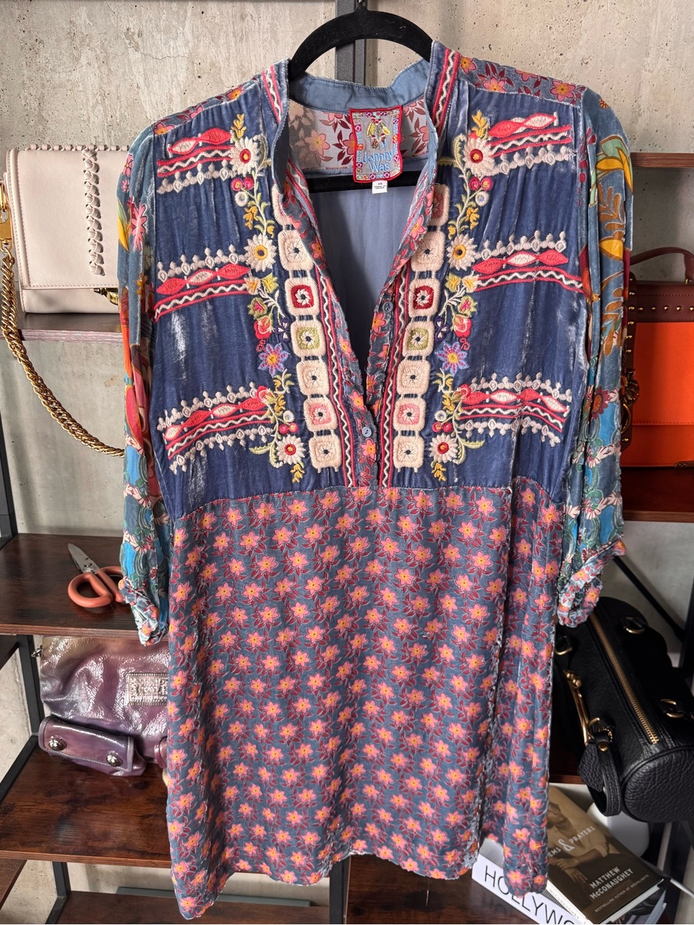 Johnny Was Blue Silk & Velvet Tunic Dress w/ Floral Embroidery - Size XS - NWOT!